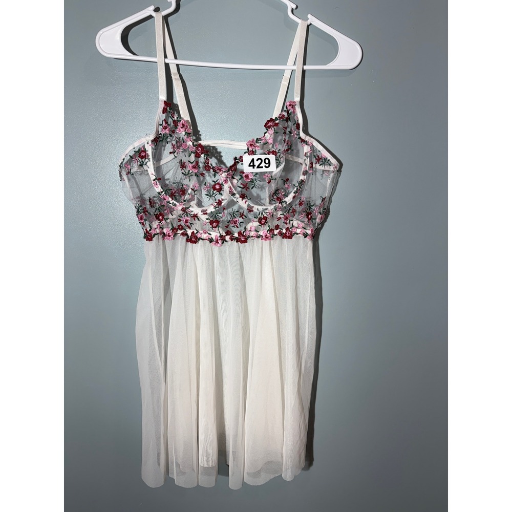 Floral Embroidered Sheer White Babydoll Lingerie Underwire Chemise Nightgown